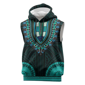 African Dashiki and Polynesian Pattern Sleeveless Hoodie Teal - African Pride