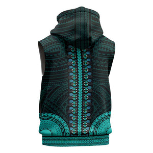 African Dashiki and Polynesian Pattern Sleeveless Hoodie Teal - African Pride