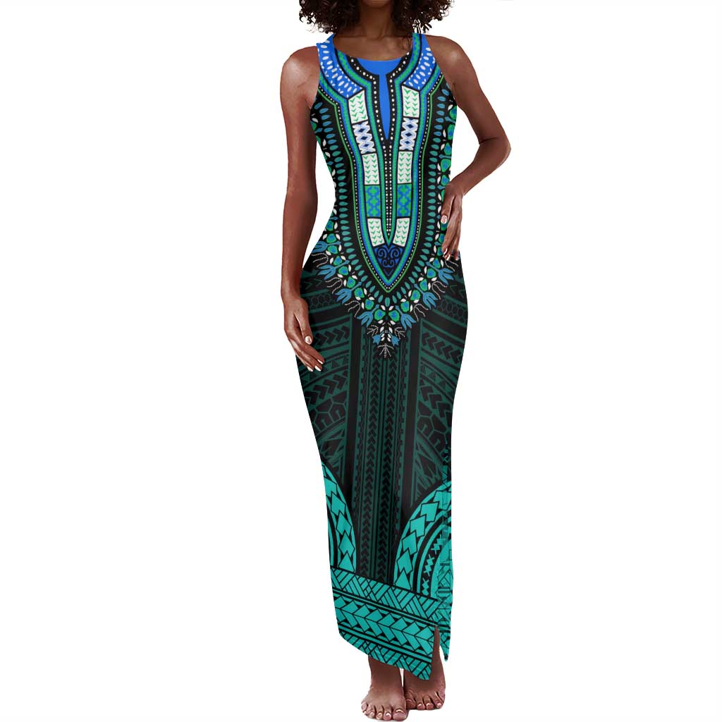 African Dashiki and Polynesian Pattern Tank Maxi Dress Teal