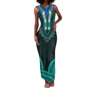 African Dashiki and Polynesian Pattern Tank Maxi Dress Teal