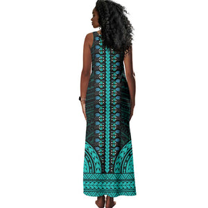 African Dashiki and Polynesian Pattern Tank Maxi Dress Teal