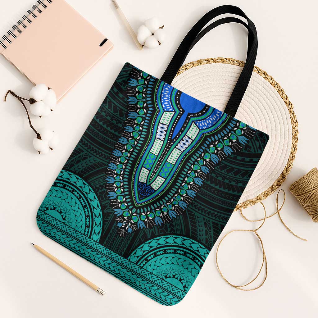 African Dashiki and Polynesian Pattern Tote Bag Teal