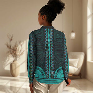 African Dashiki and Polynesian Pattern Women Casual Shirt Teal LT9