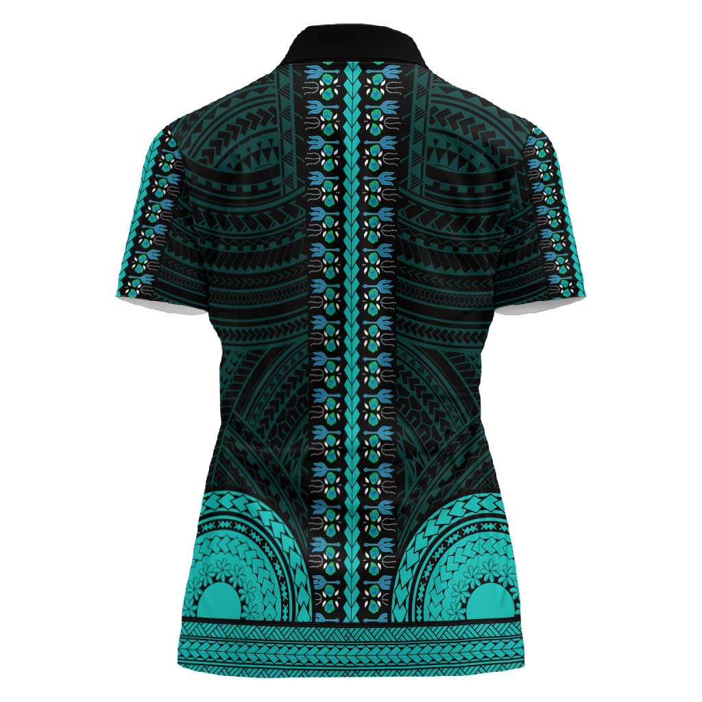 African Dashiki and Polynesian Pattern Women Polo Shirt Teal