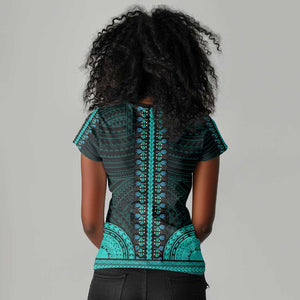 African Dashiki and Polynesian Pattern Women V-Neck T-Shirt Teal