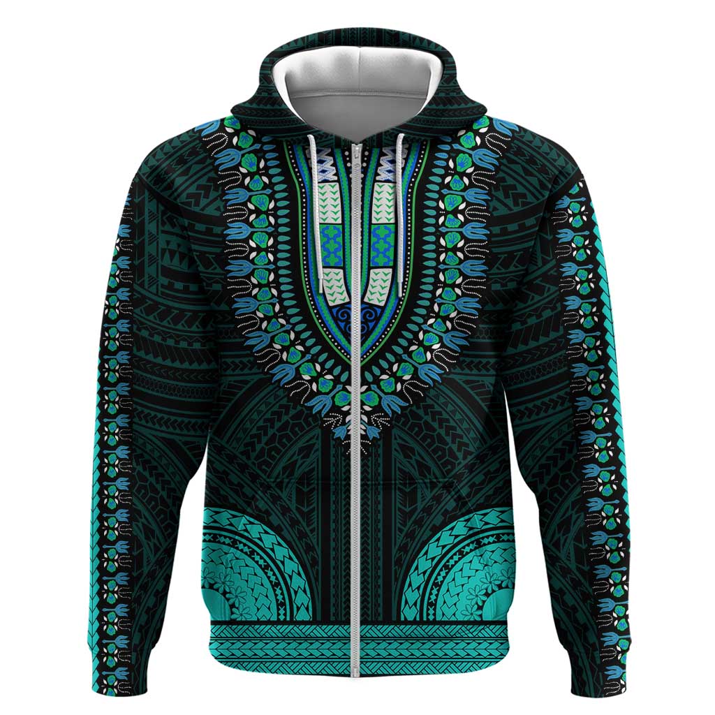 African Dashiki and Polynesian Pattern Zip Hoodie Teal