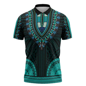 African Dashiki and Polynesian Pattern Zipper Polo Shirt Teal