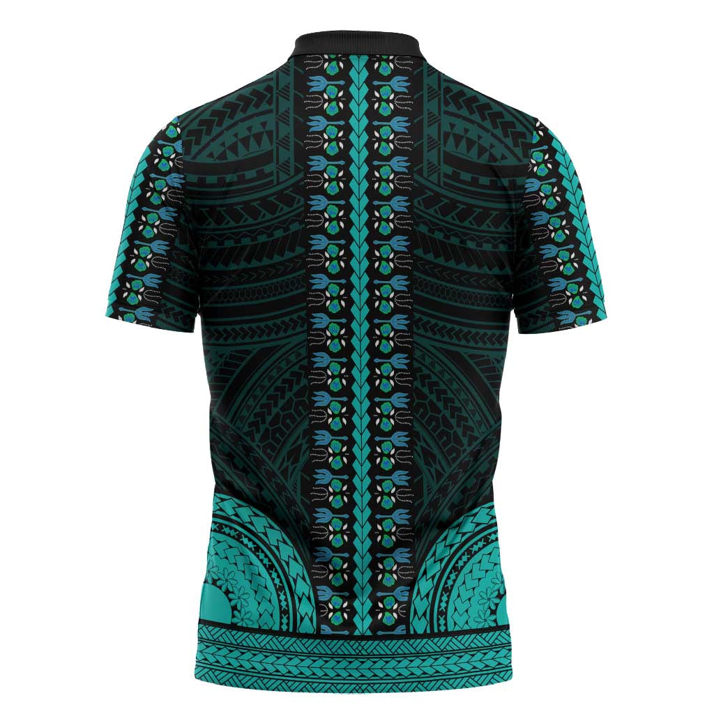 African Dashiki and Polynesian Pattern Zipper Polo Shirt Teal