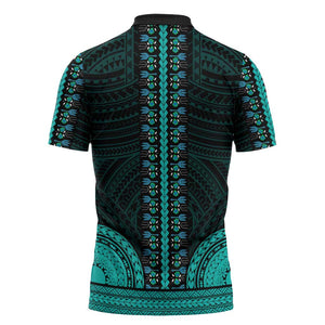 African Dashiki and Polynesian Pattern Zipper Polo Shirt Teal