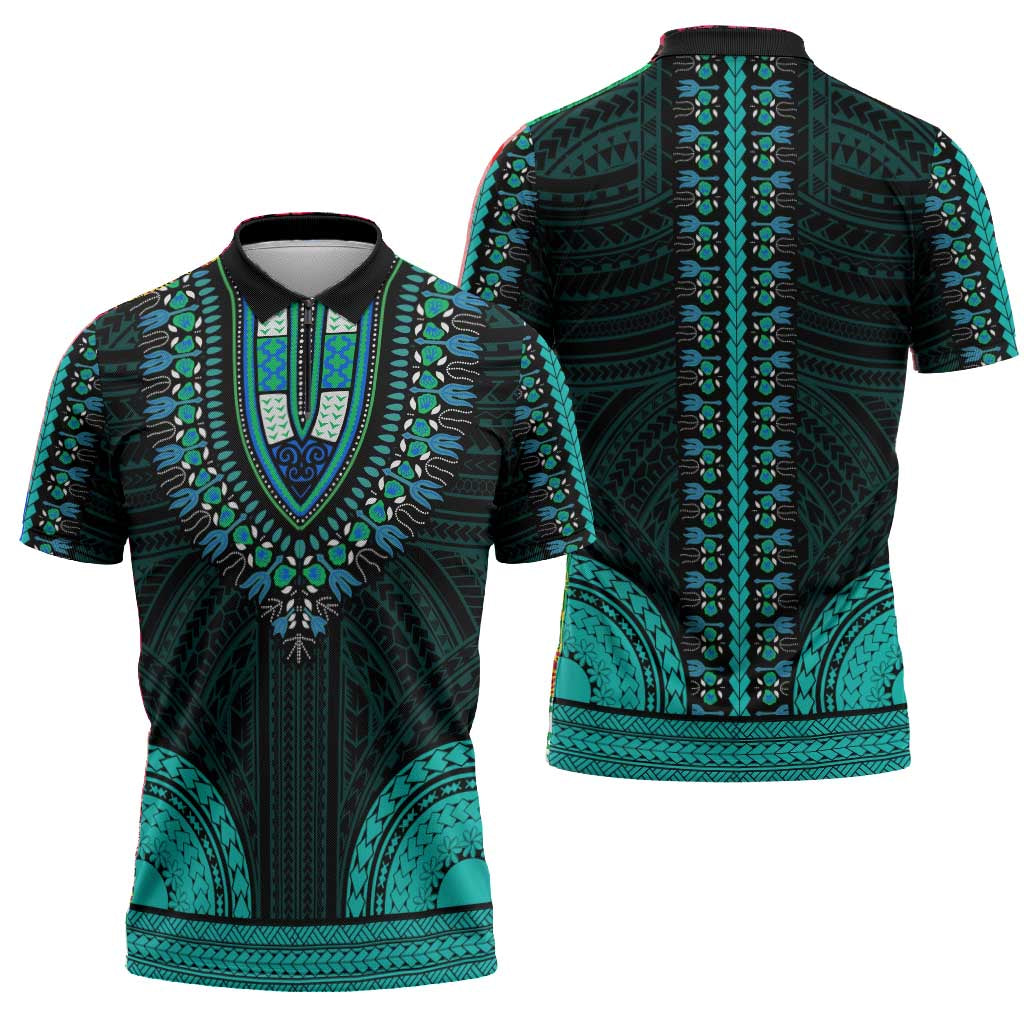 African Dashiki and Polynesian Pattern Zipper Polo Shirt Teal