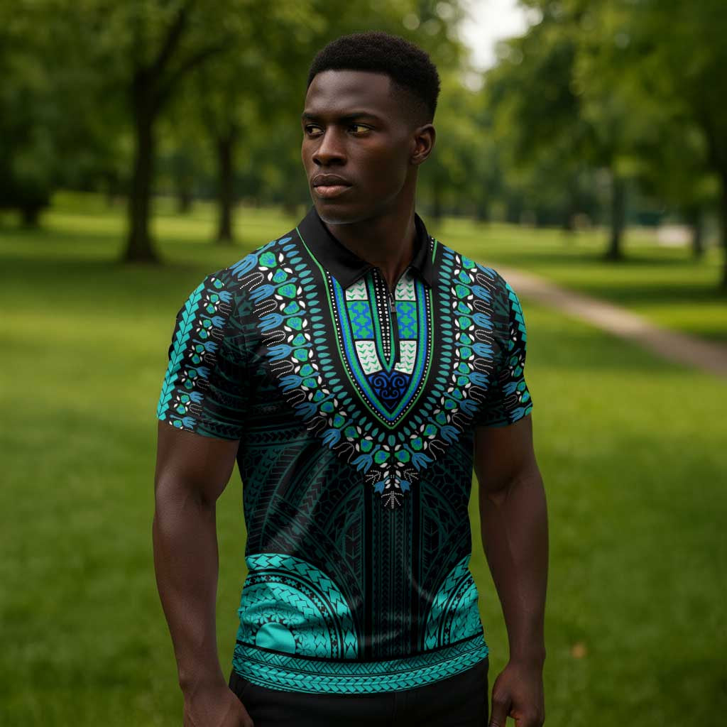 African Dashiki and Polynesian Pattern Zipper Polo Shirt Teal