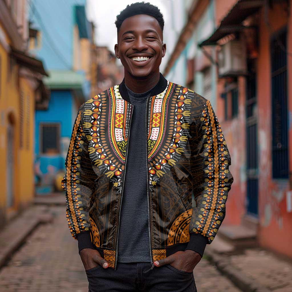 African Dashiki and Polynesian Pattern Bomber Jacket Gold