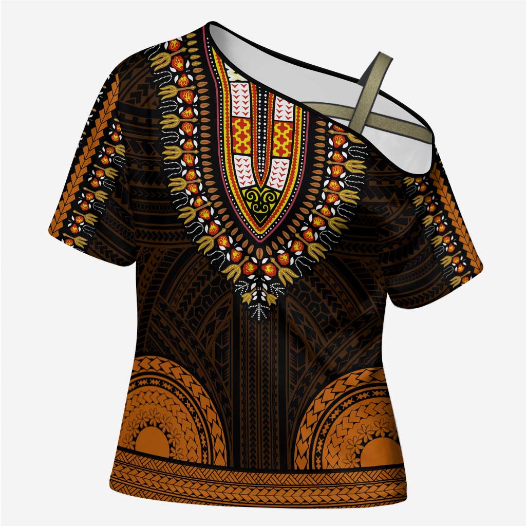 African Dashiki and Polynesian Pattern Cross Shoulder Shirt Gold