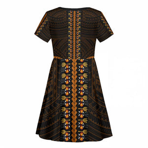 African Dashiki and Polynesian Pattern Kid Short Sleeve Dress Gold