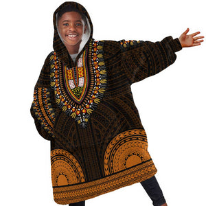 African Dashiki and Polynesian Pattern Kid Wearable Blanket Hoodie Gold