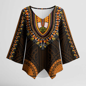African Dashiki and Polynesian Pattern Kimono Sleeve Blouse Gold