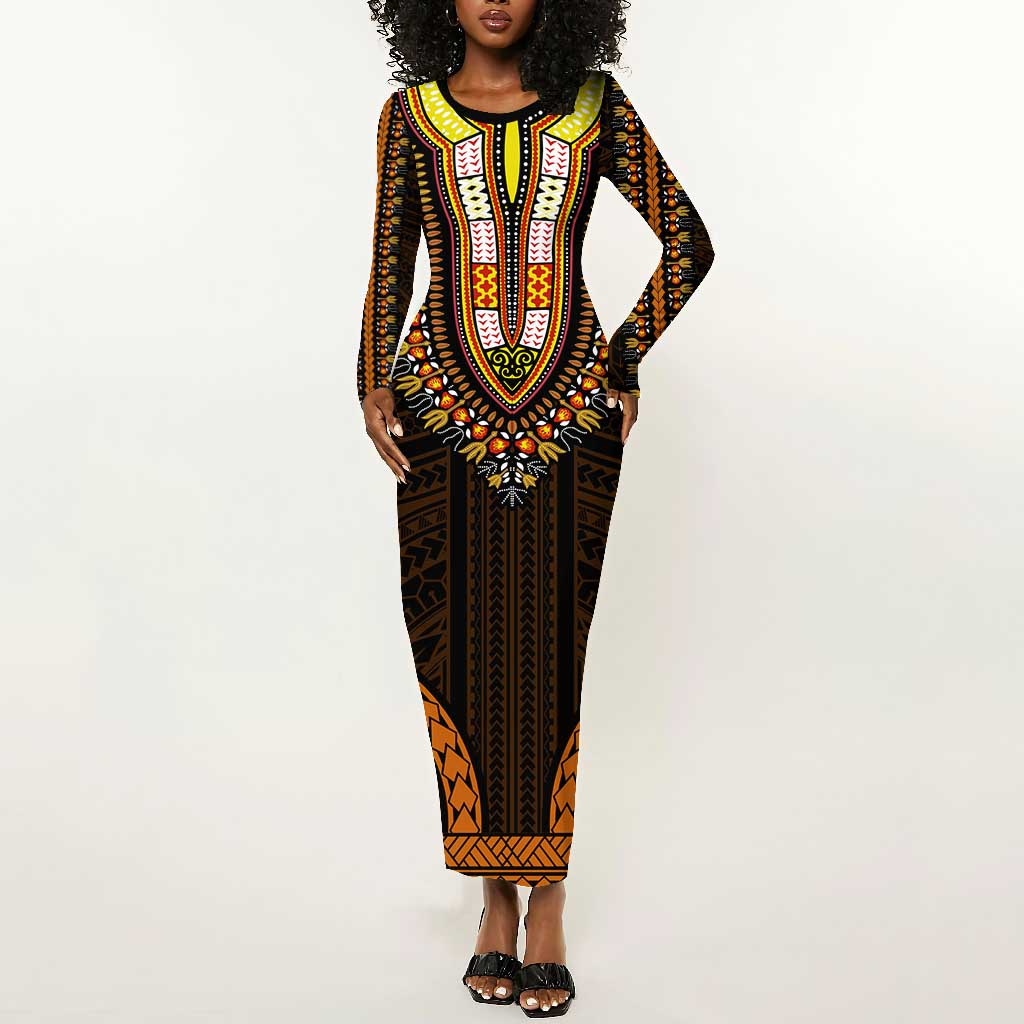 African Dashiki and Polynesian Pattern Long Sleeve Bodycon Dress Gold LT9
