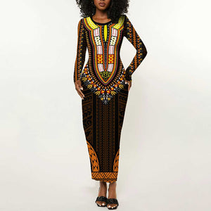 African Dashiki and Polynesian Pattern Long Sleeve Bodycon Dress Gold LT9