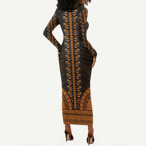 African Dashiki and Polynesian Pattern Long Sleeve Bodycon Dress Gold LT9