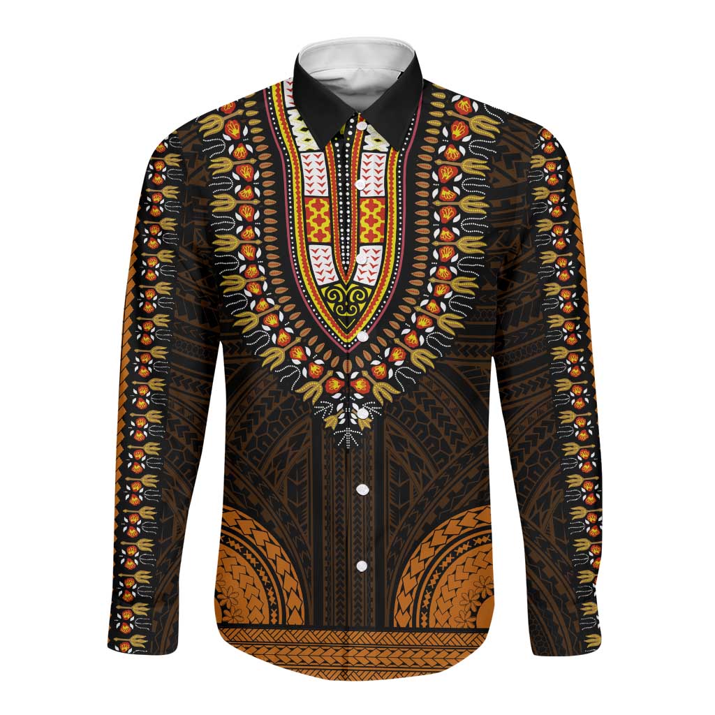 African Dashiki and Polynesian Pattern Long Sleeve Button Shirt Gold