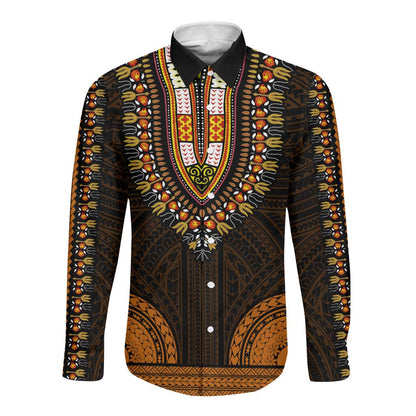 African Dashiki and Polynesian Pattern Long Sleeve Button Shirt Gold
