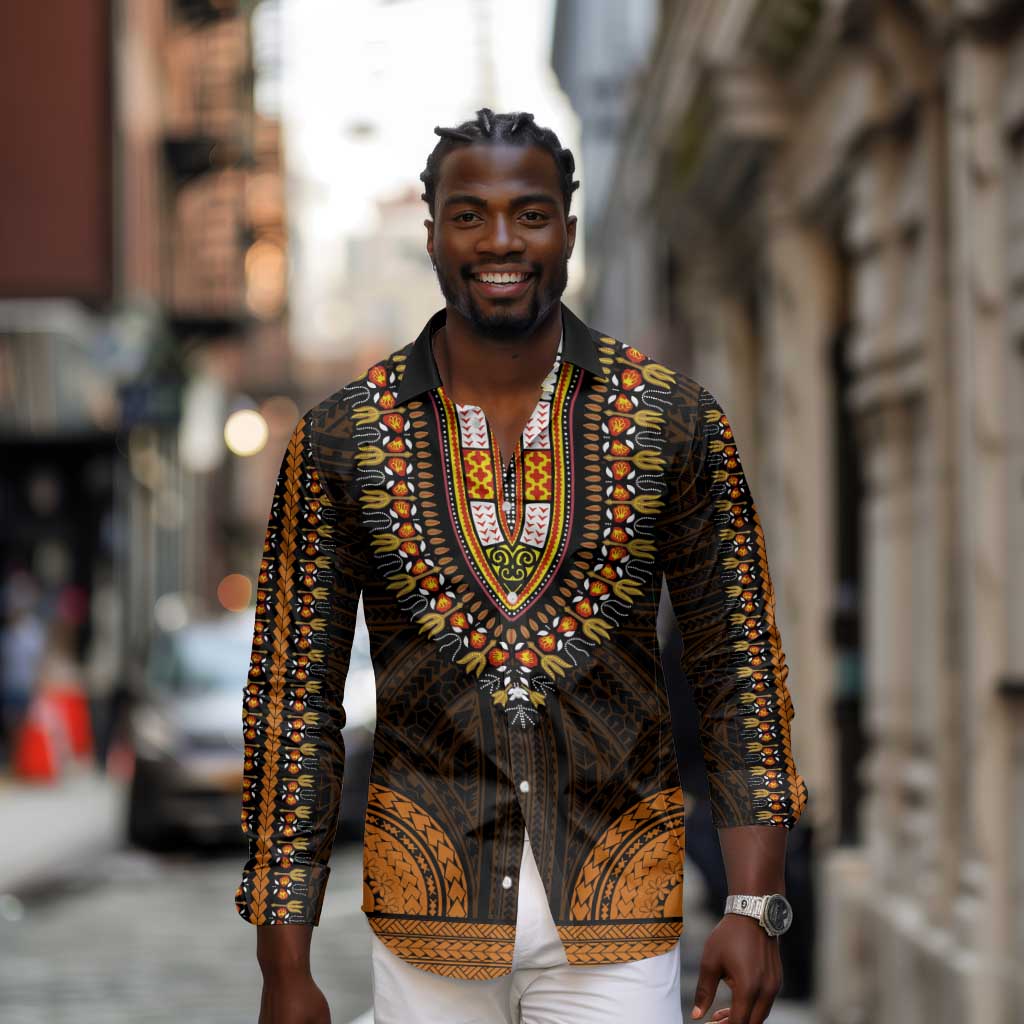 African Dashiki and Polynesian Pattern Long Sleeve Button Shirt Gold