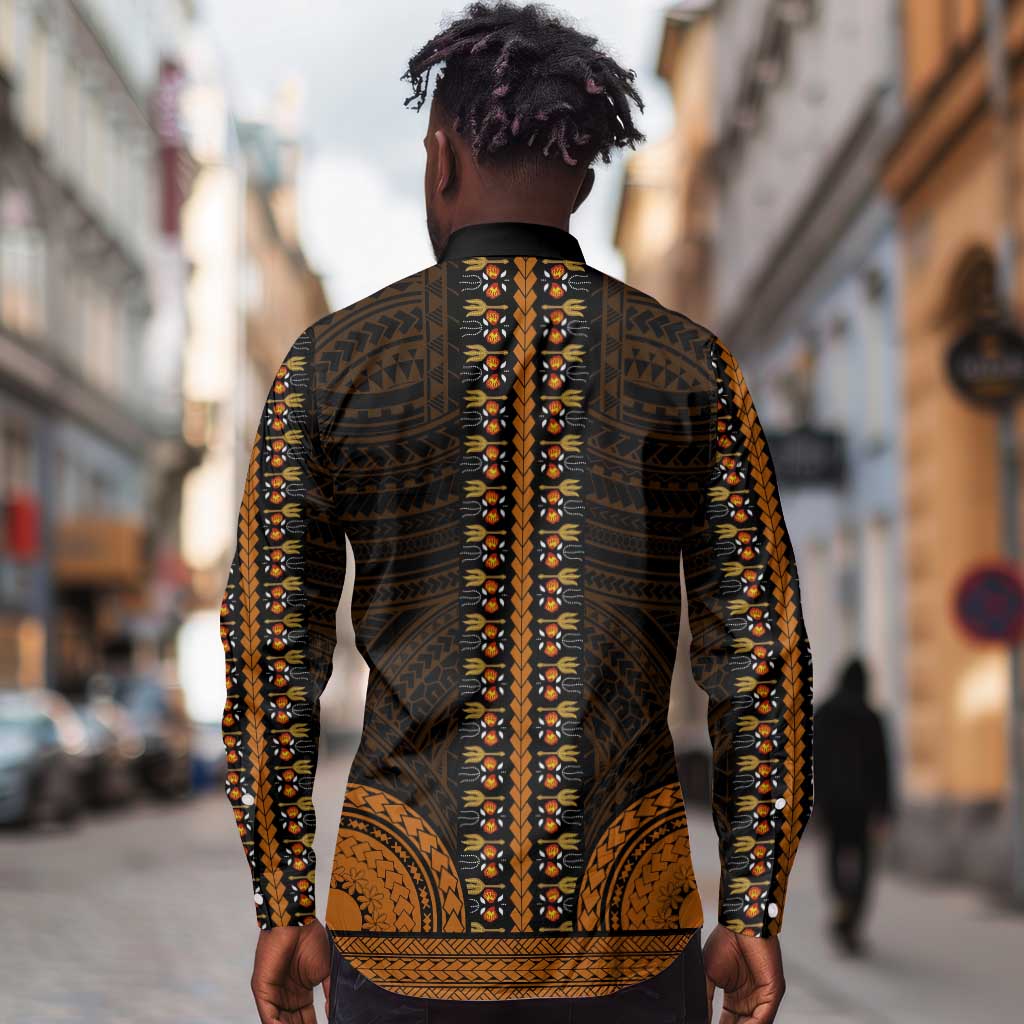 African Dashiki and Polynesian Pattern Long Sleeve Button Shirt Gold