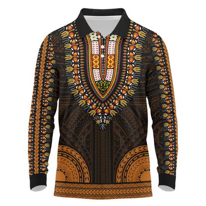 African Dashiki and Polynesian Pattern Long Sleeve Polo Shirt Gold