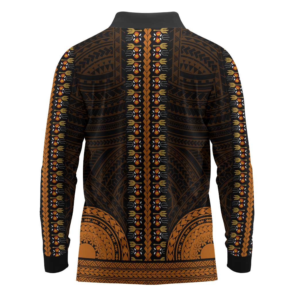 African Dashiki and Polynesian Pattern Long Sleeve Polo Shirt Gold