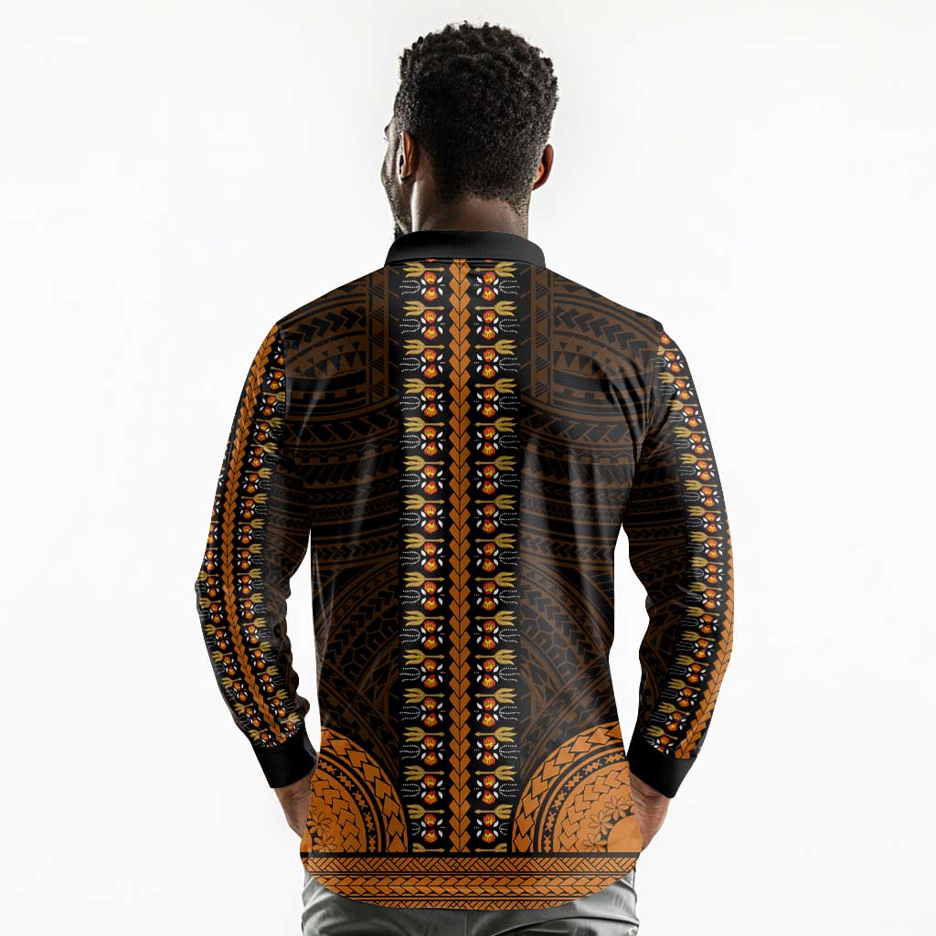 African Dashiki and Polynesian Pattern Long Sleeve Polo Shirt Gold