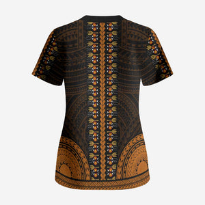 African Dashiki and Polynesian Pattern Scrub Top Gold