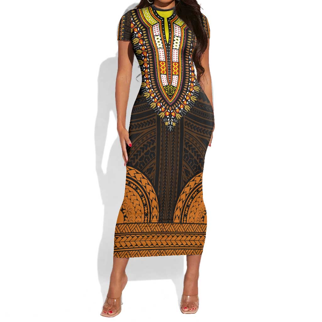 African Dashiki and Polynesian Pattern Short Sleeve Bodycon Dress Gold LT9