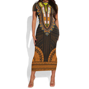 African Dashiki and Polynesian Pattern Short Sleeve Bodycon Dress Gold LT9