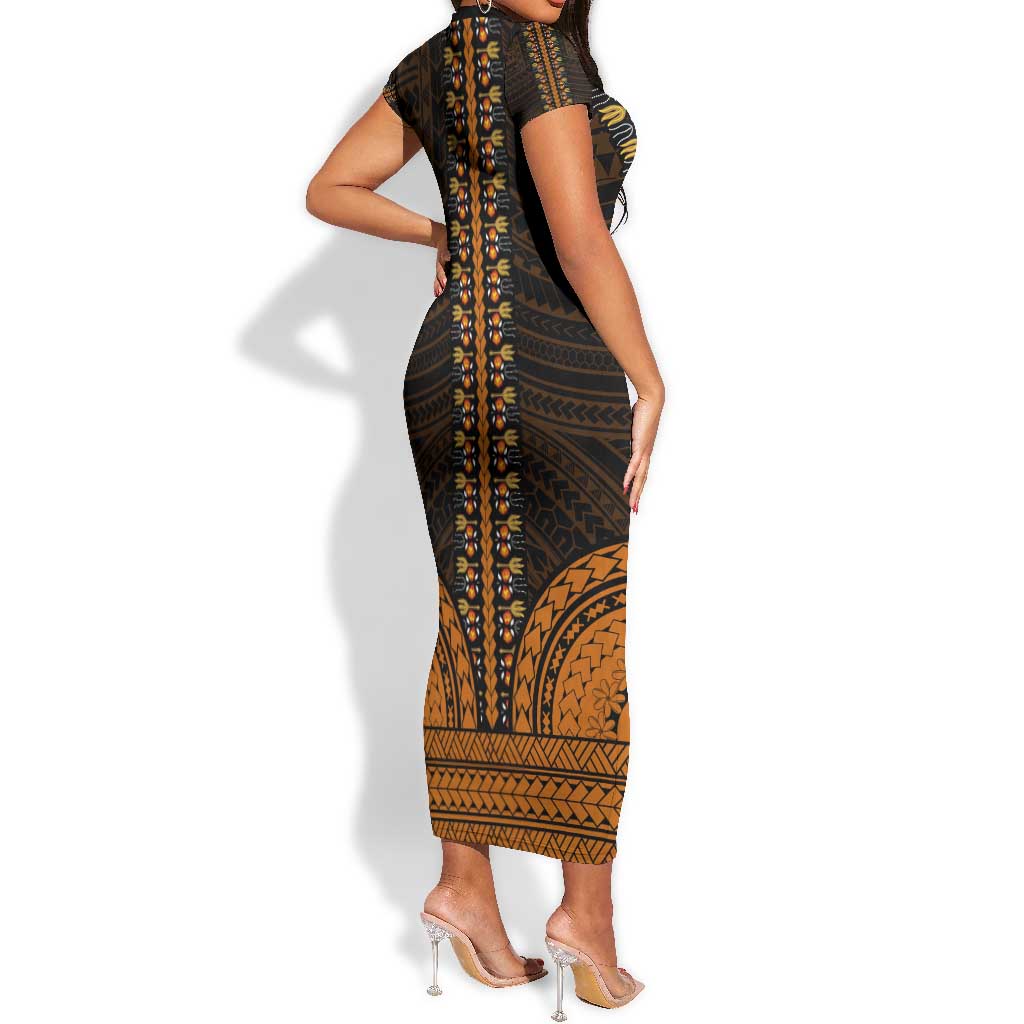 African Dashiki and Polynesian Pattern Short Sleeve Bodycon Dress Gold LT9