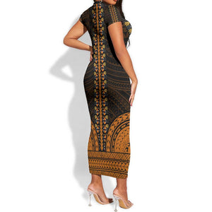 African Dashiki and Polynesian Pattern Short Sleeve Bodycon Dress Gold LT9
