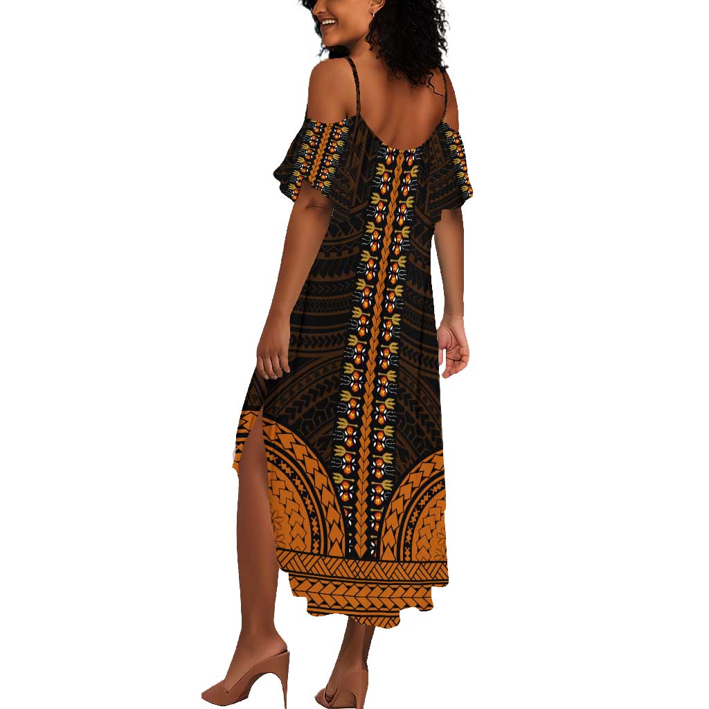 African Dashiki and Polynesian Pattern Summer Maxi Dress Gold
