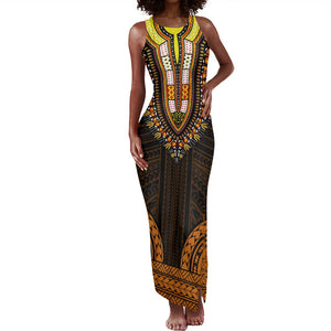 African Dashiki and Polynesian Pattern Tank Maxi Dress Gold
