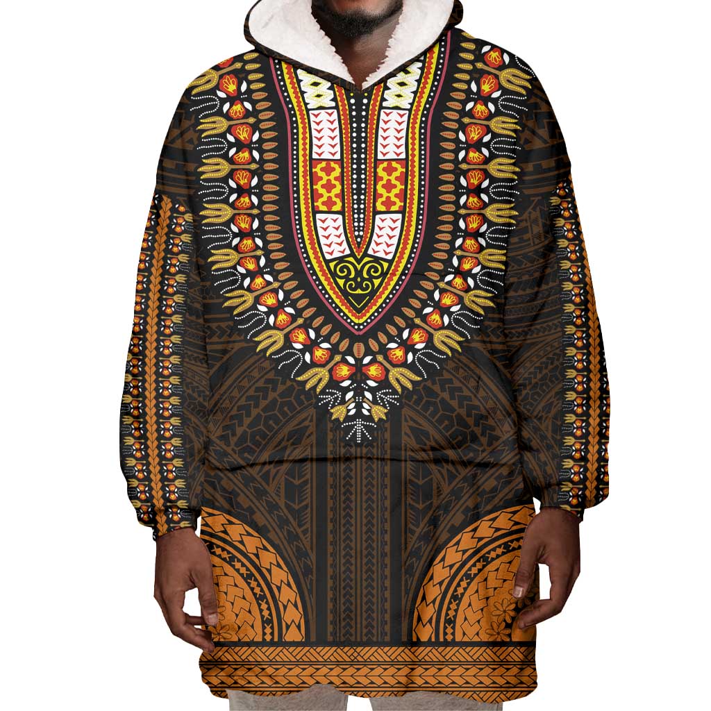 African Dashiki and Polynesian Pattern Wearable Blanket Hoodie Gold