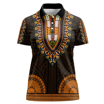 African Dashiki and Polynesian Pattern Women Polo Shirt Gold