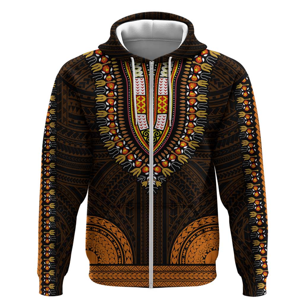 African Dashiki and Polynesian Pattern Zip Hoodie Gold