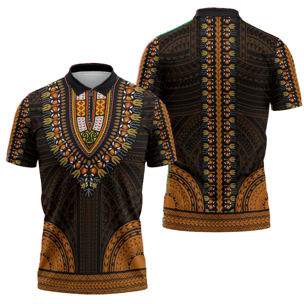 African Dashiki and Polynesian Pattern Zipper Polo Shirt Gold