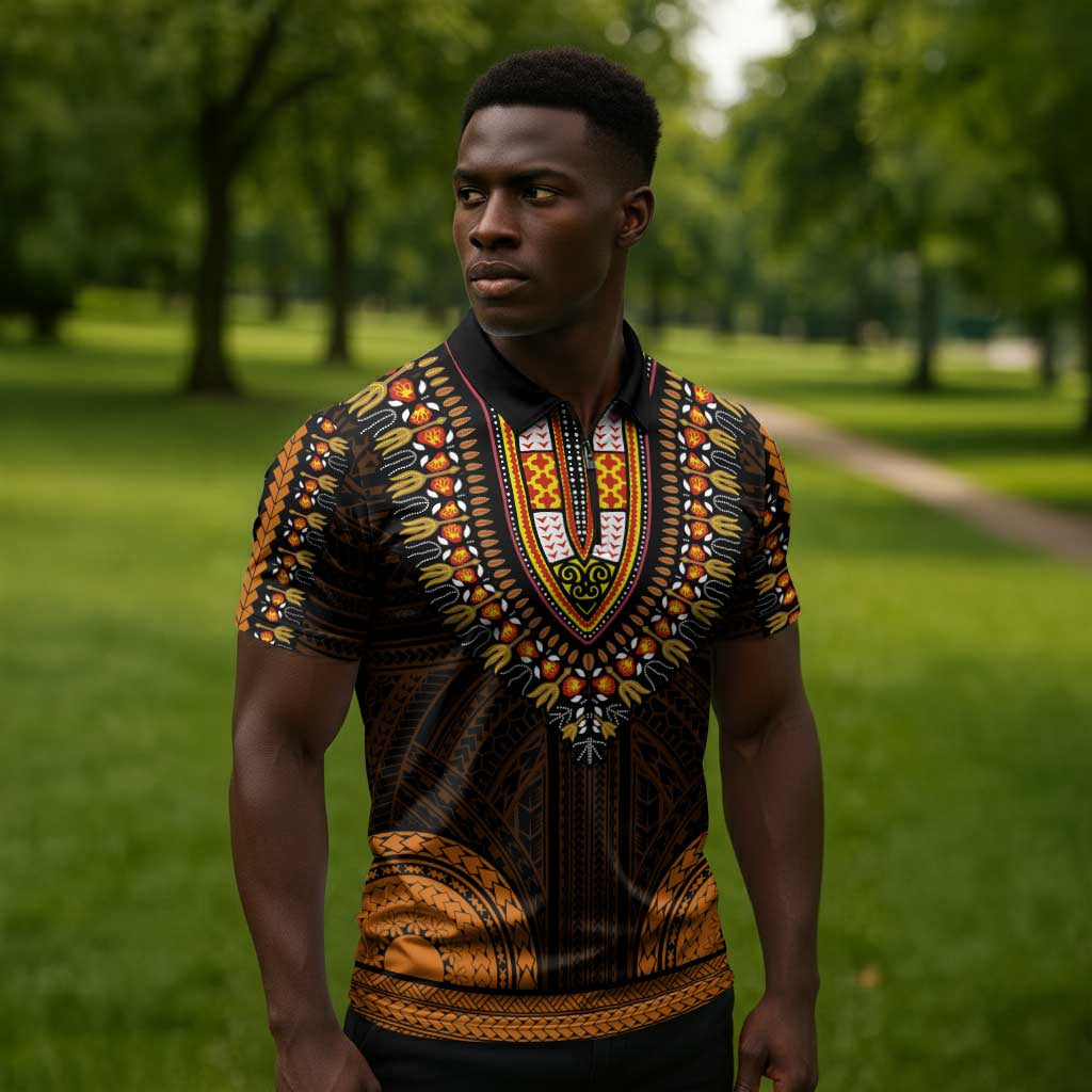African Dashiki and Polynesian Pattern Zipper Polo Shirt Gold