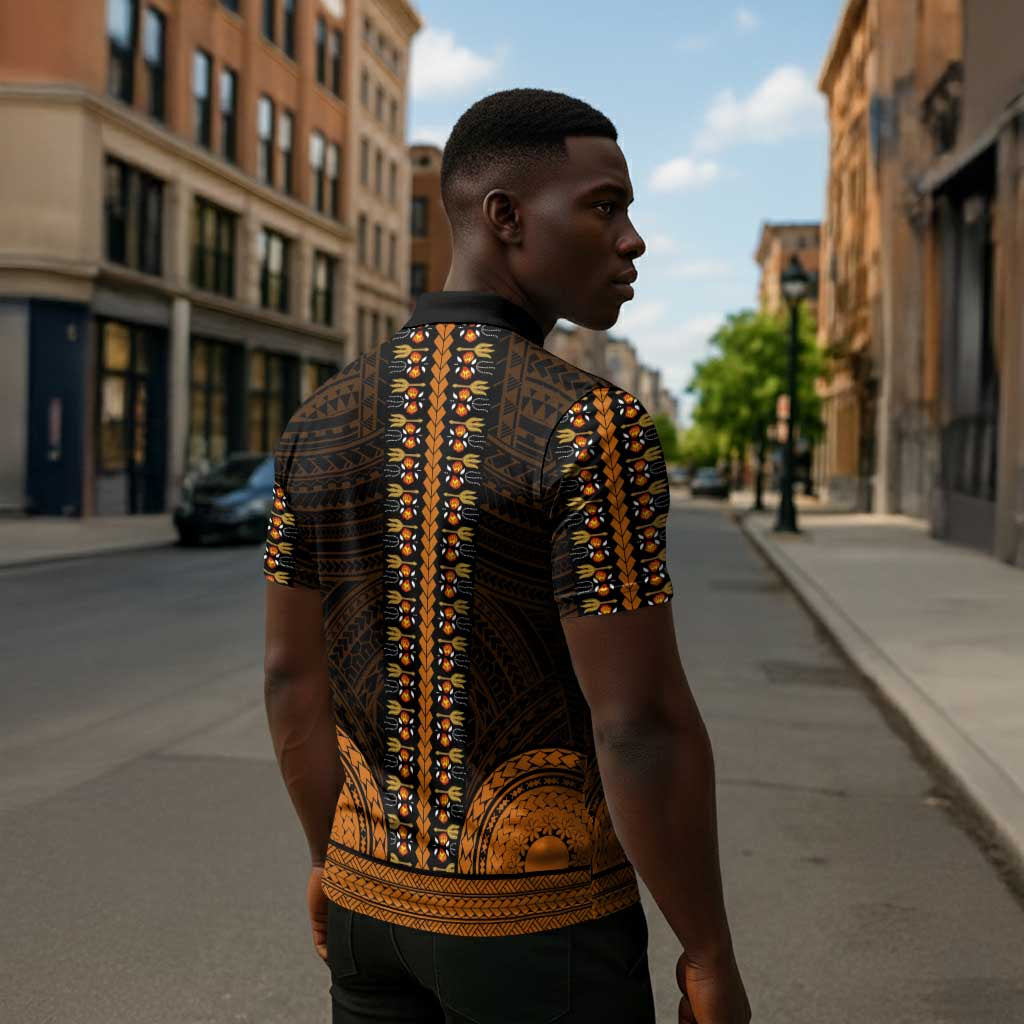 African Dashiki and Polynesian Pattern Zipper Polo Shirt Gold