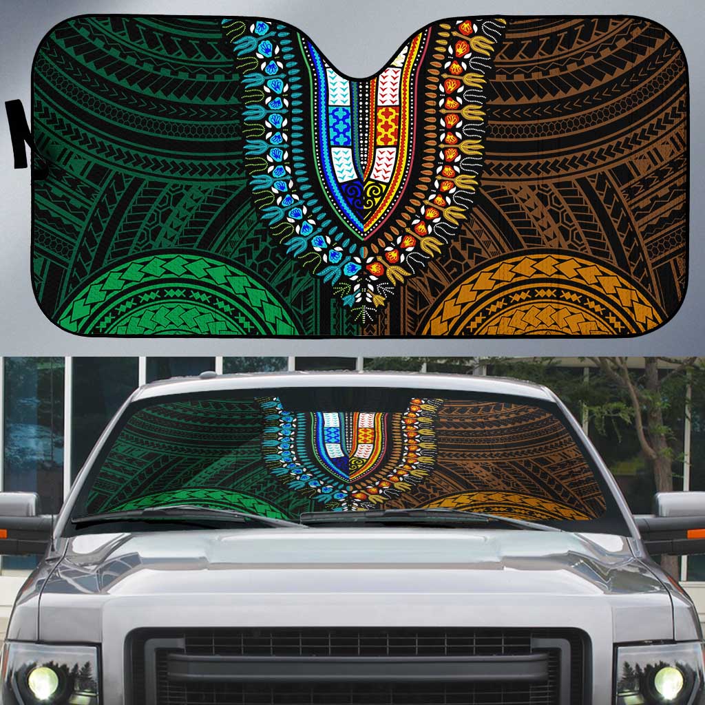 African Dashiki and Polynesian Pattern Auto Sun Shade Half Green-Gold