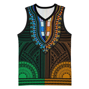 African Dashiki and Polynesian Pattern Basketball Jersey Half Green-Gold - African Pride
