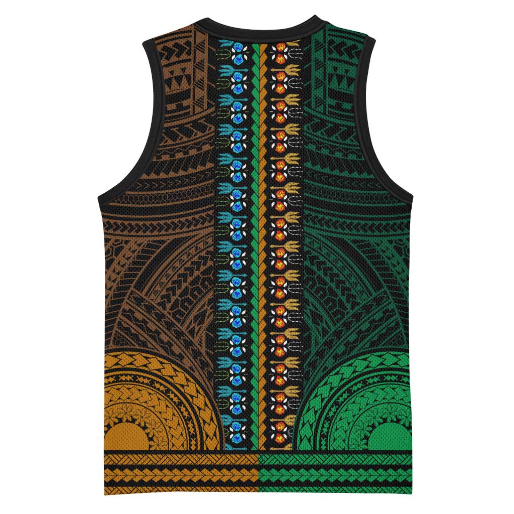 African Dashiki and Polynesian Pattern Basketball Jersey Half Green-Gold - African Pride