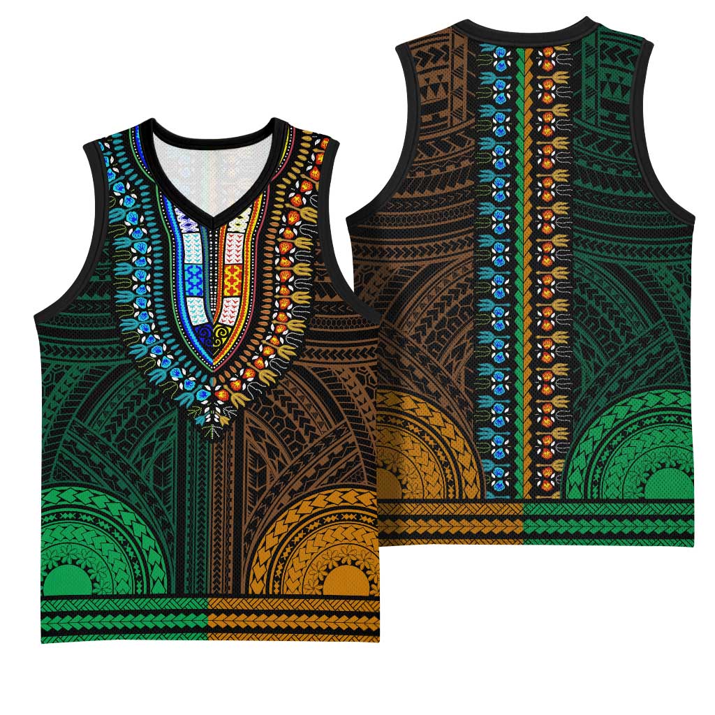 African Dashiki and Polynesian Pattern Basketball Jersey Half Green-Gold - African Pride