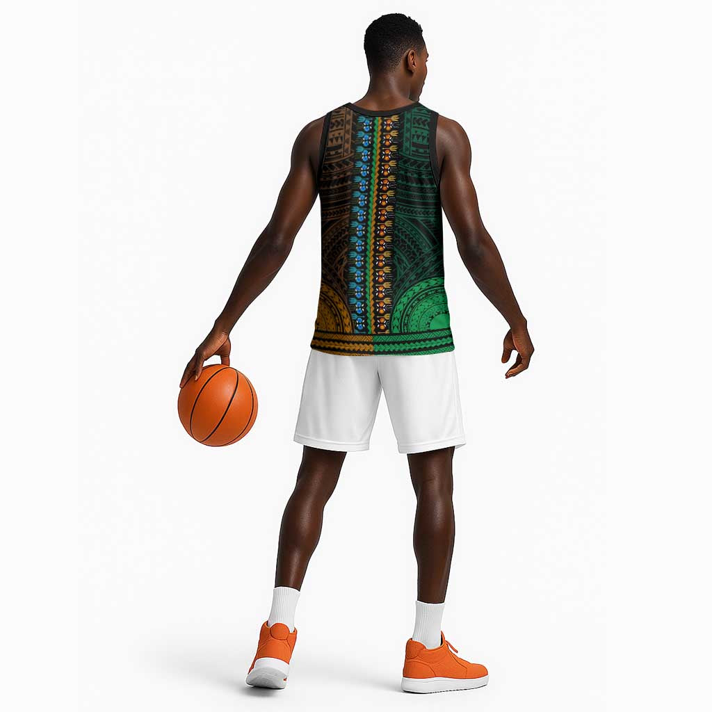 African Dashiki and Polynesian Pattern Basketball Jersey Half Green-Gold - African Pride