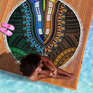 African Dashiki and Polynesian Pattern Beach Blanket Half Green-Gold