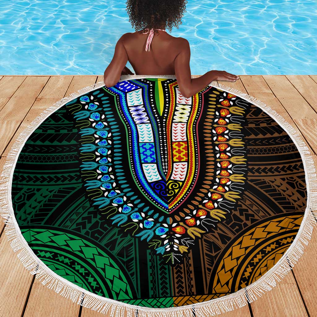 African Dashiki and Polynesian Pattern Beach Blanket Half Green-Gold